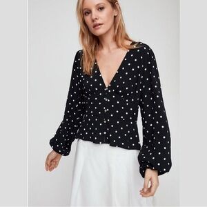 wilfred aritzia polka dot long sleeve button down blouse